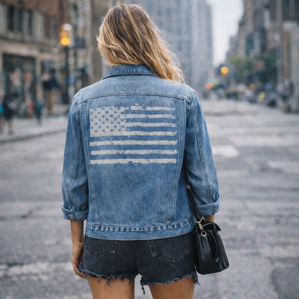 Foreign Exchange Denim Jacket American Flag Back Small Patriotic Unisex